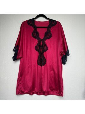 VTG Lady Cameo Dallas Button Front Red & Black Nylon Robe Sz M NEW